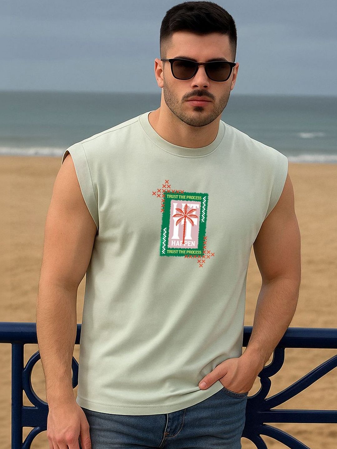 Bewakoof Men Fog Green Let It Happen Graphic Printed Boxy Fit Vest