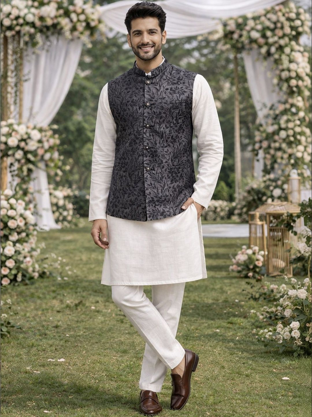 House of Pataudi Woven Design Nehru Jackets