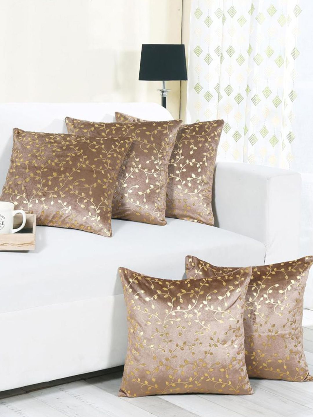 RD TREND Light Brown&Gold Velvet 5 Pieces Square Cushion Covers-18 inch x 18 inch