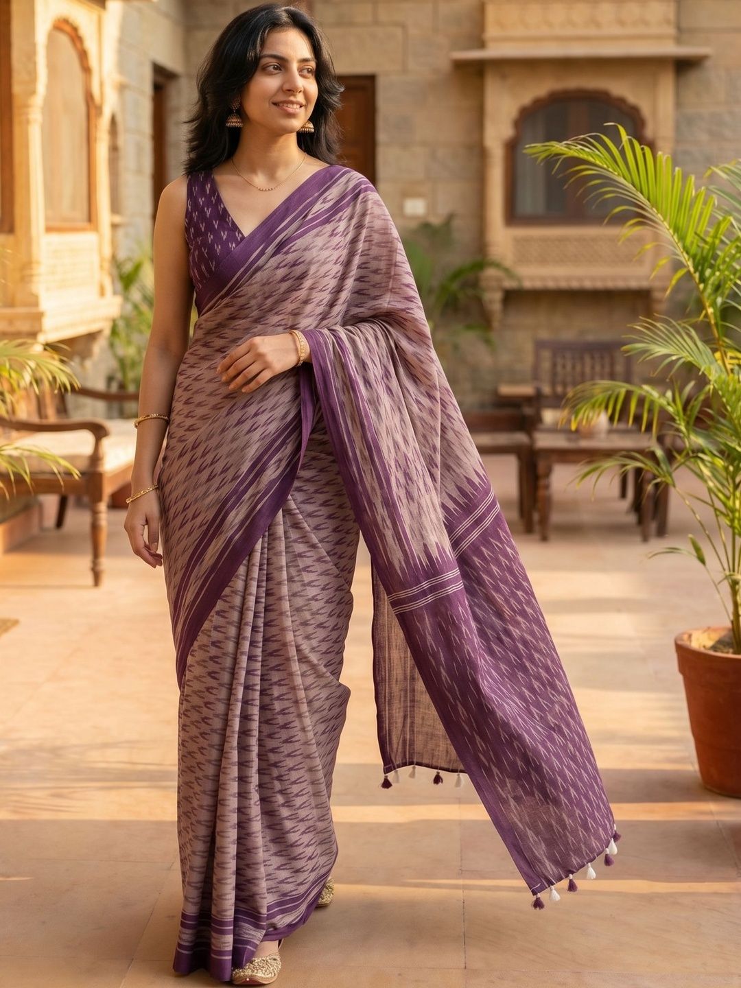 AANVI Abstract Printed Pure Cotton Saree With Blouse