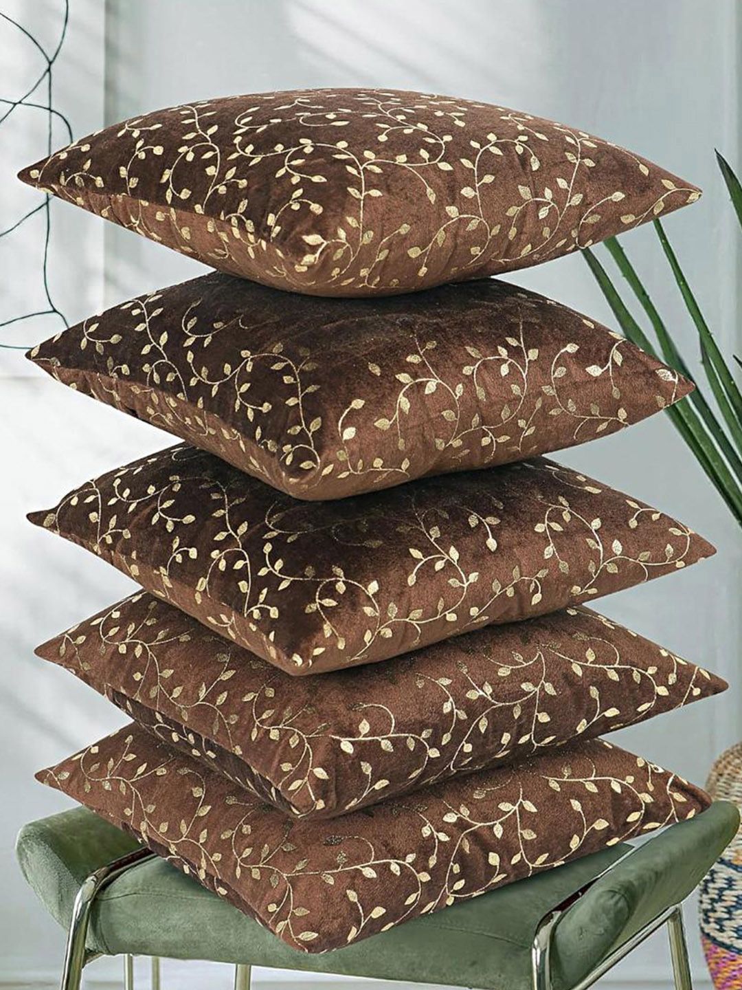RD TREND Brown&Gold Velvet 5 Pieces Square Cushion Covers-18 inch x 18 inch