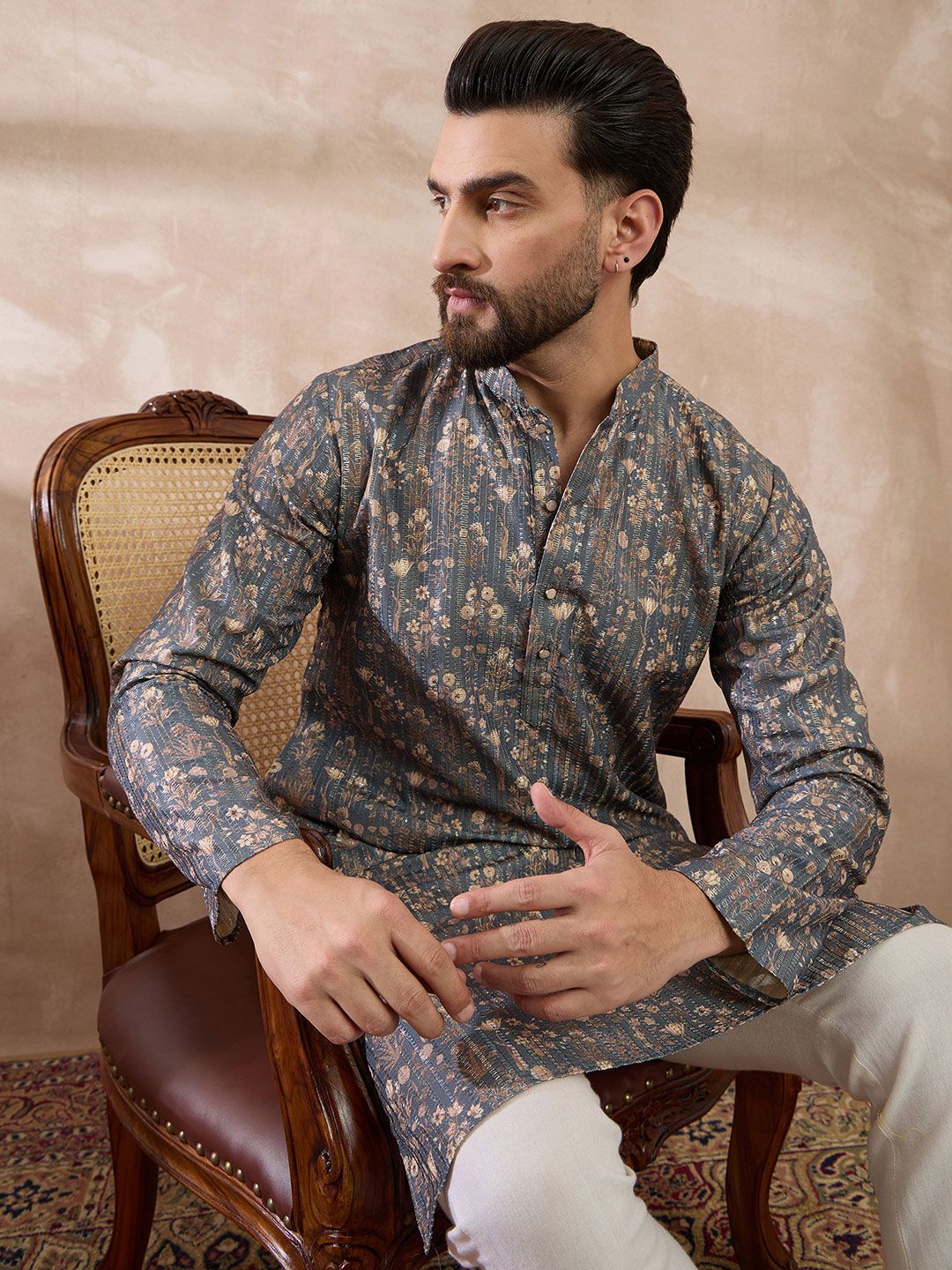 Ethnic Bay Men Floral Printed Summer Sheers Kurta
