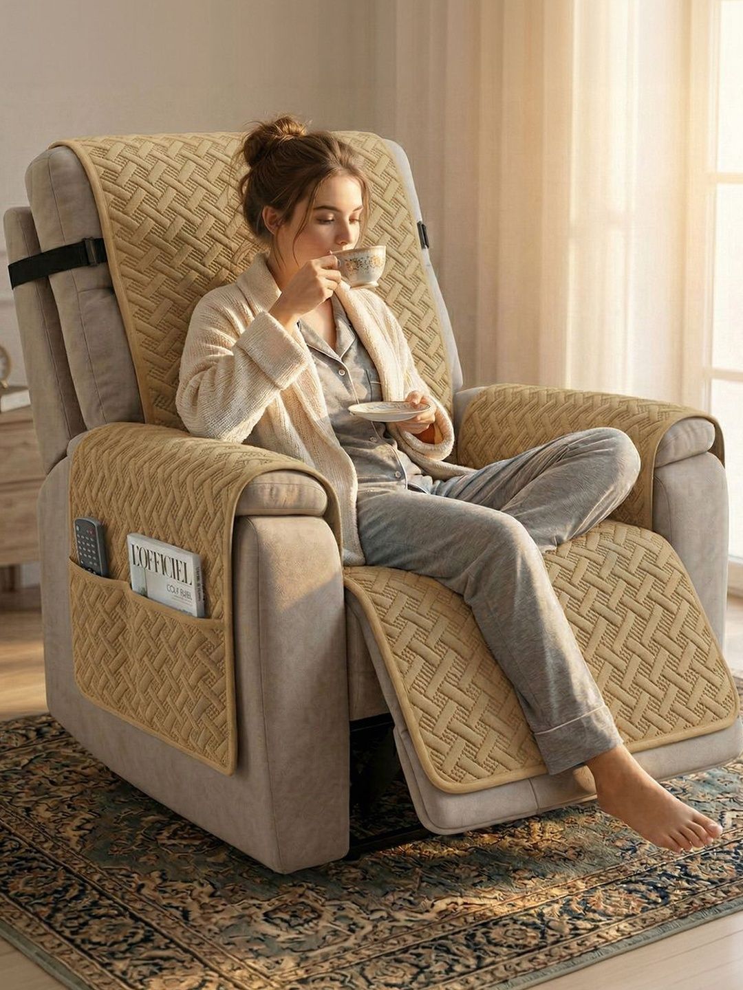 Story@home Story@home Beige & Beige Microfibre Blend 1 Piece Sofa Cover With Arms