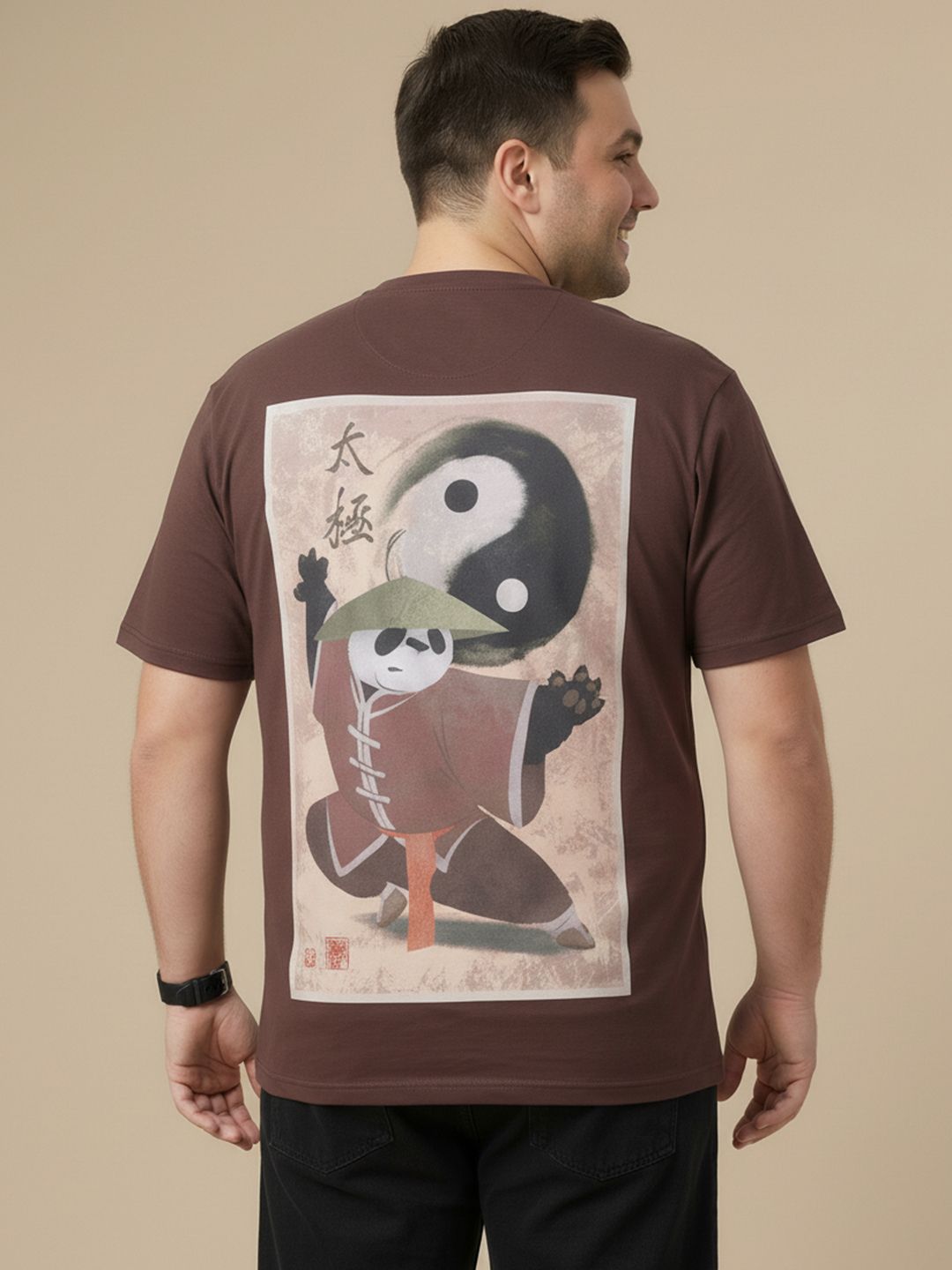 Sztori Plus Size Kung Fu Panda Printed Drop-Shoulder Sleeves Pure Cotton T-shirt