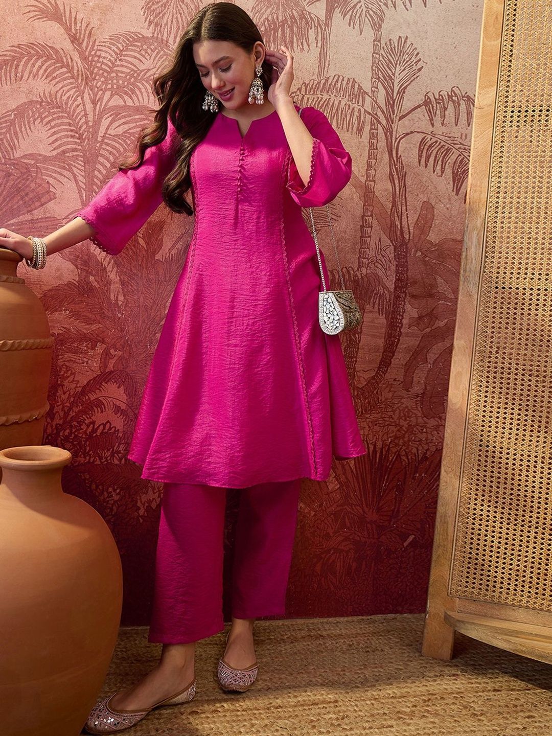 Sangria Embroidered Round Neck Kurta & Trousers