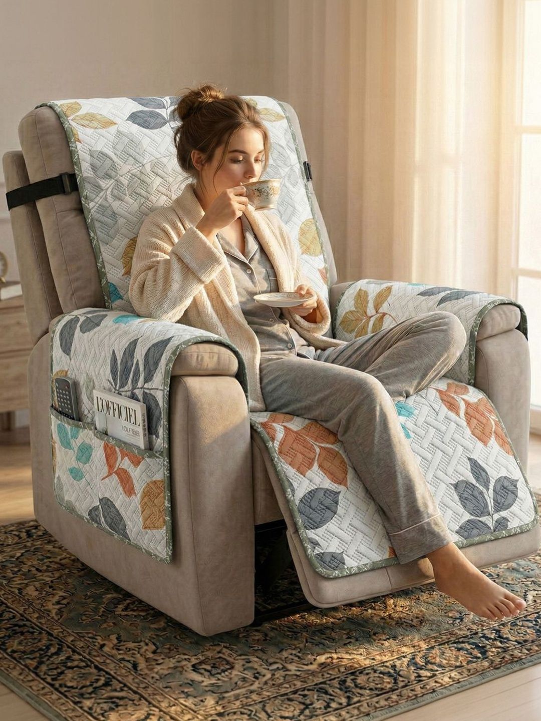 Story@home Story@home White & White Printed Microfibre Blend 1 Piece Sofa Cover With Arms