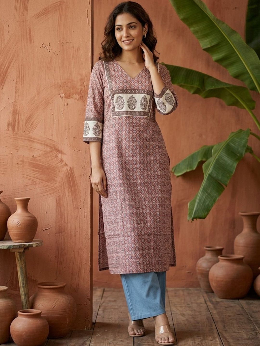 Sangria Printed Cotton V-Neck Calf Length Straight Kurtas