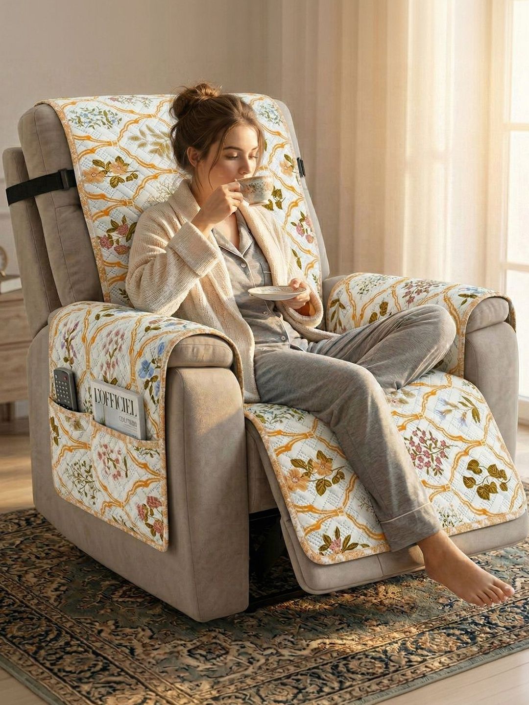 Story@home Story@home Beige & Multicoloured Printed Microfibre Blend 1 Piece Sofa Cover With Arms