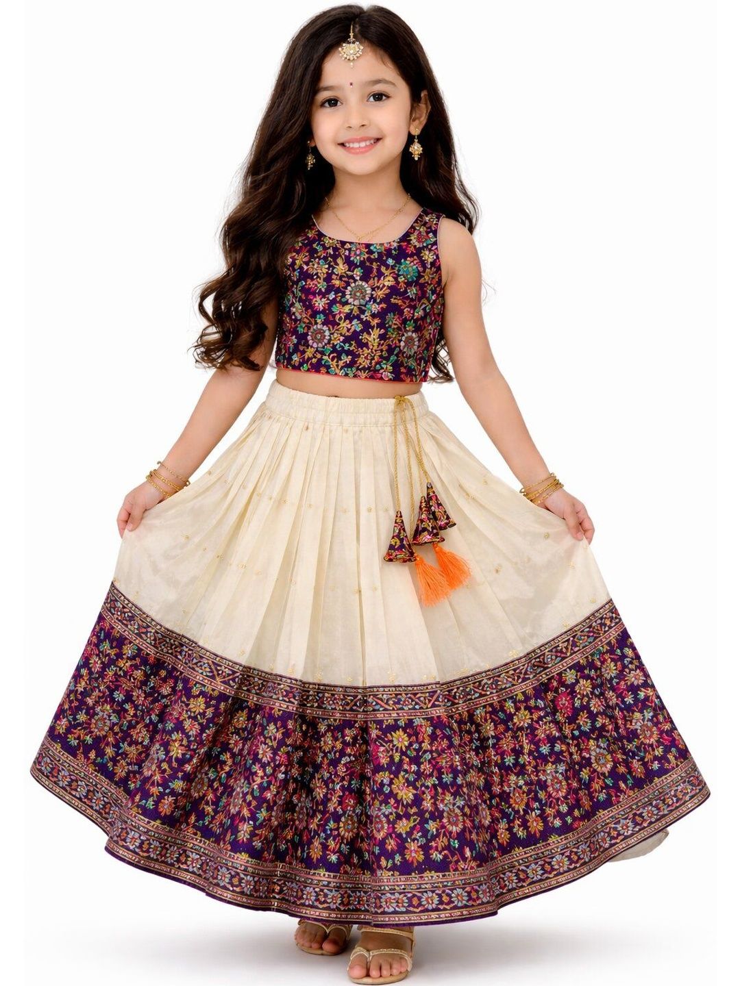 MAMERU Girls Embroidered Block Print Semi-Stitched Lehenga &