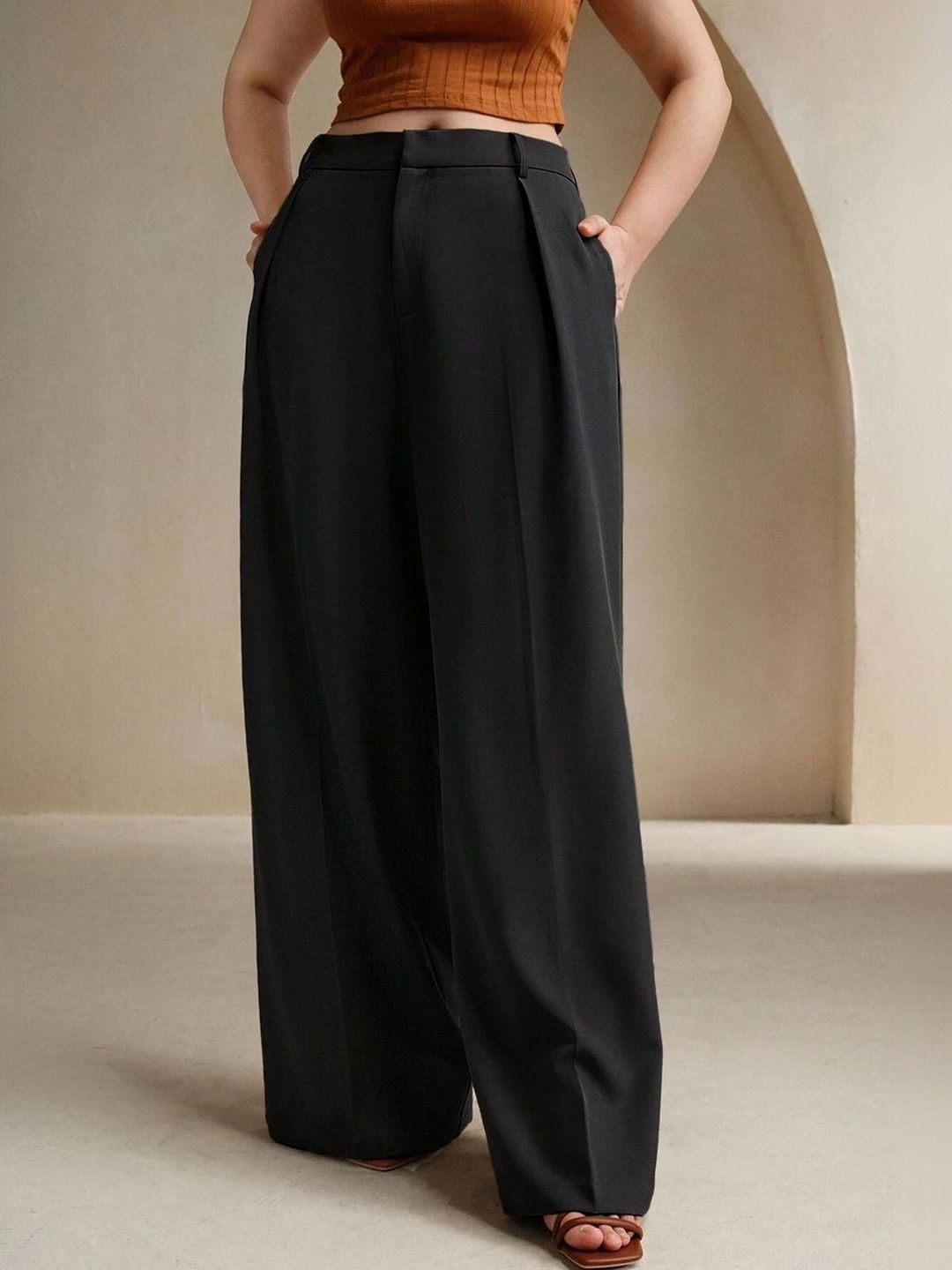 SENDIPO Women Smart Loose Fit High-Rise Easy Wash Pleated Trousers