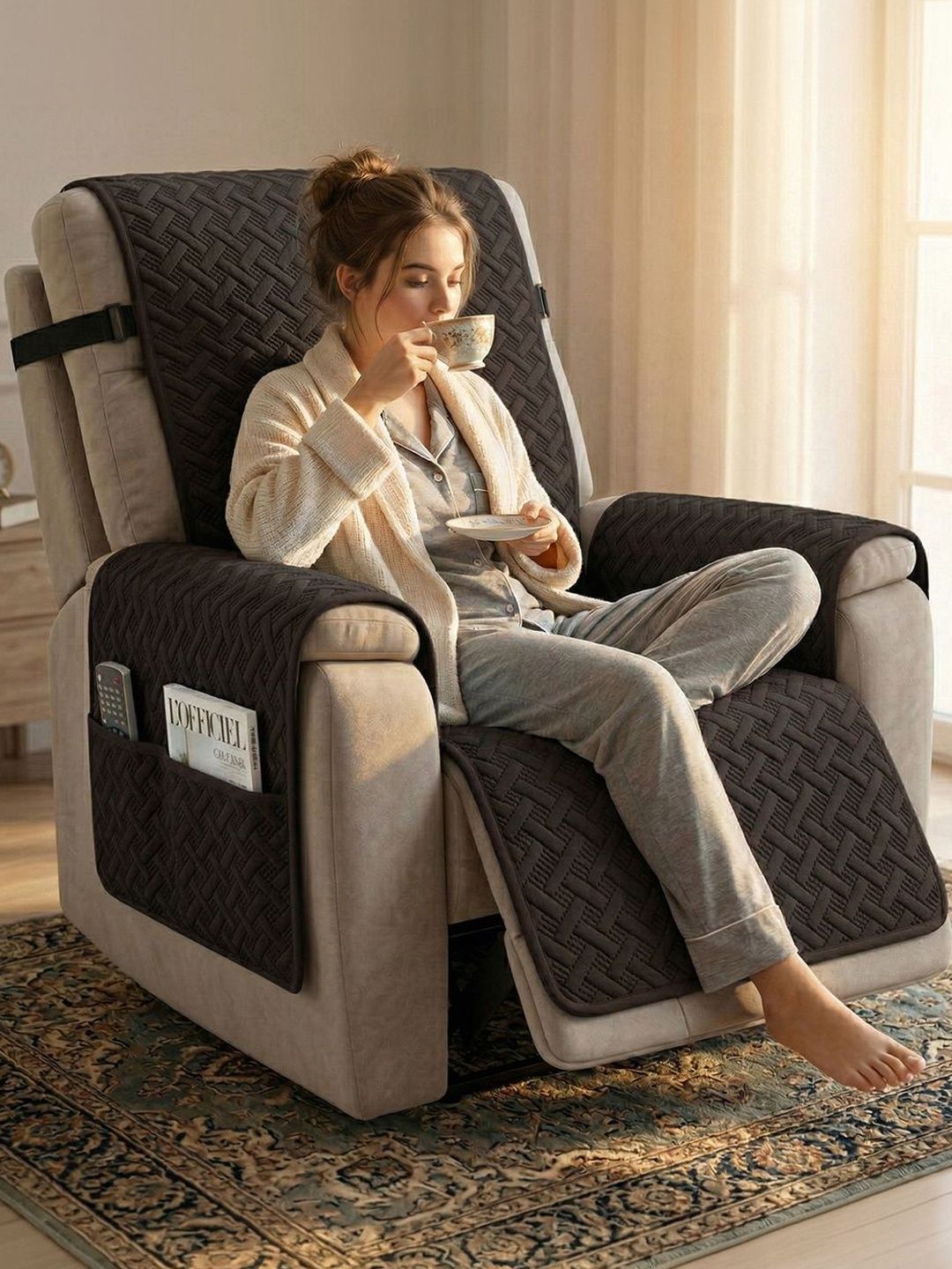 Story@home Story@home Brown & Brown Printed Microfibre Blend 1 Piece Sofa Cover With Arms