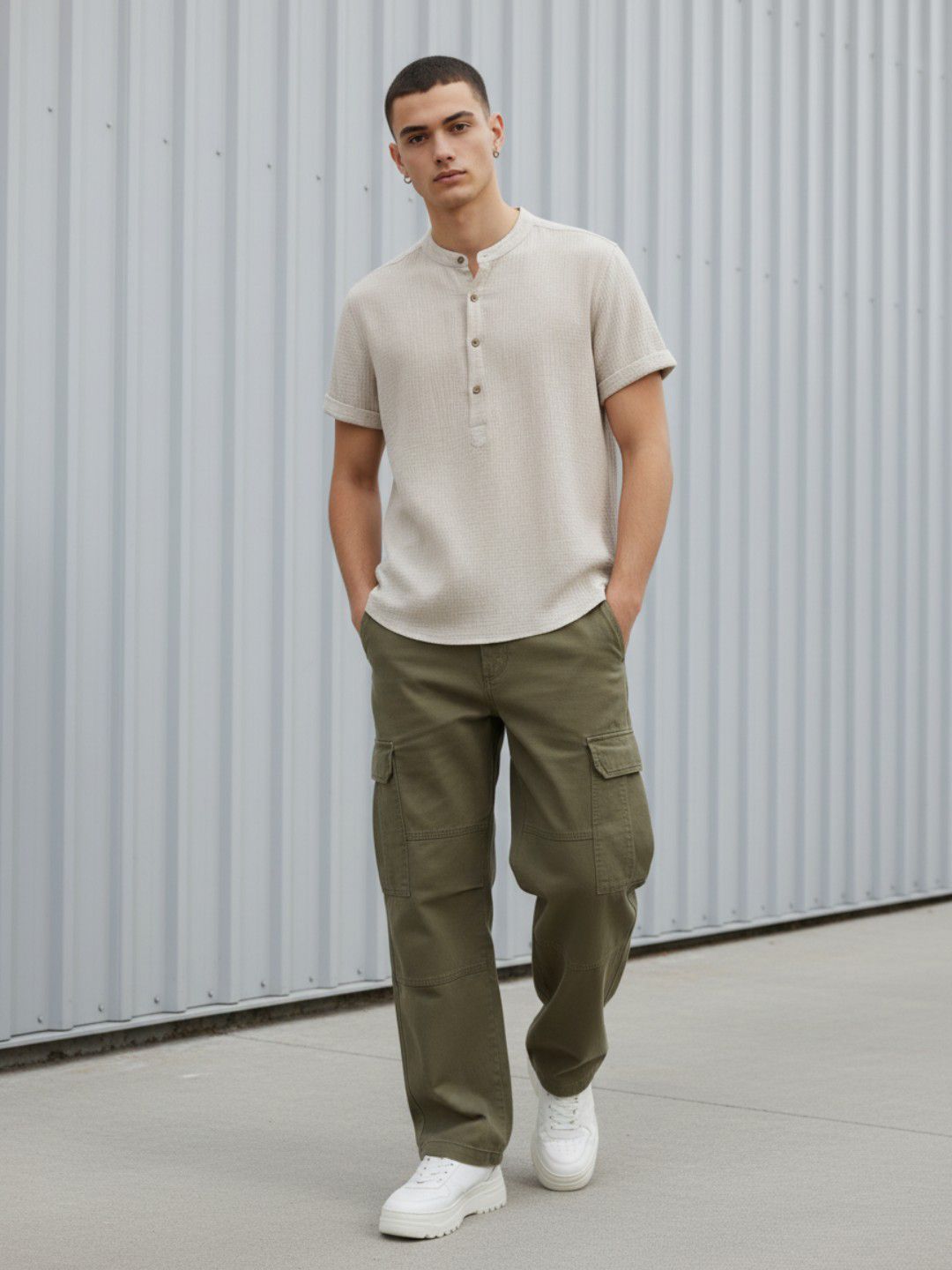 GENZILOOKS Men Beige Henley Neck Organic Cotton T-shirt