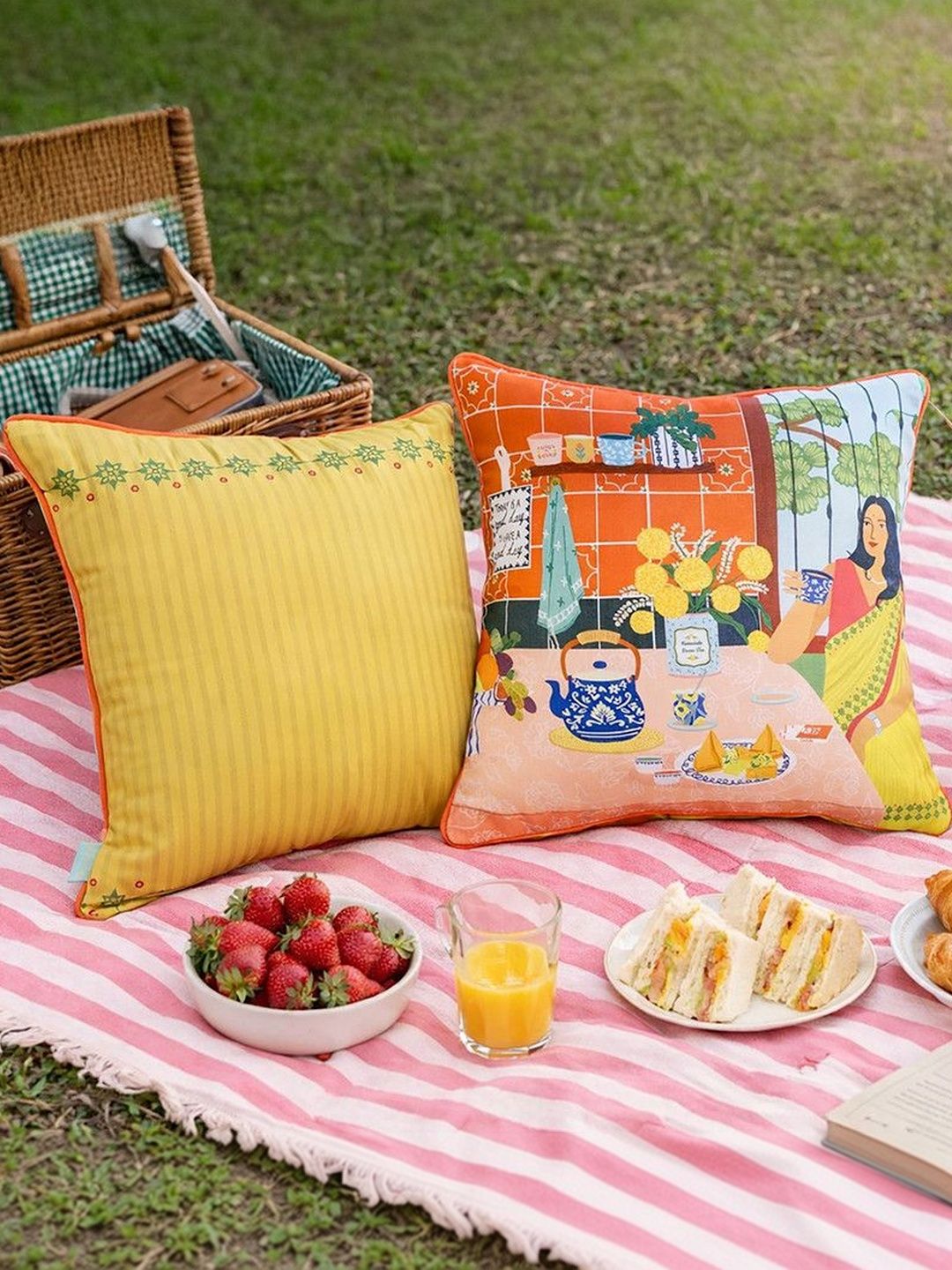 Chumbak Yellow & Orange Floral Square Cushion Covers