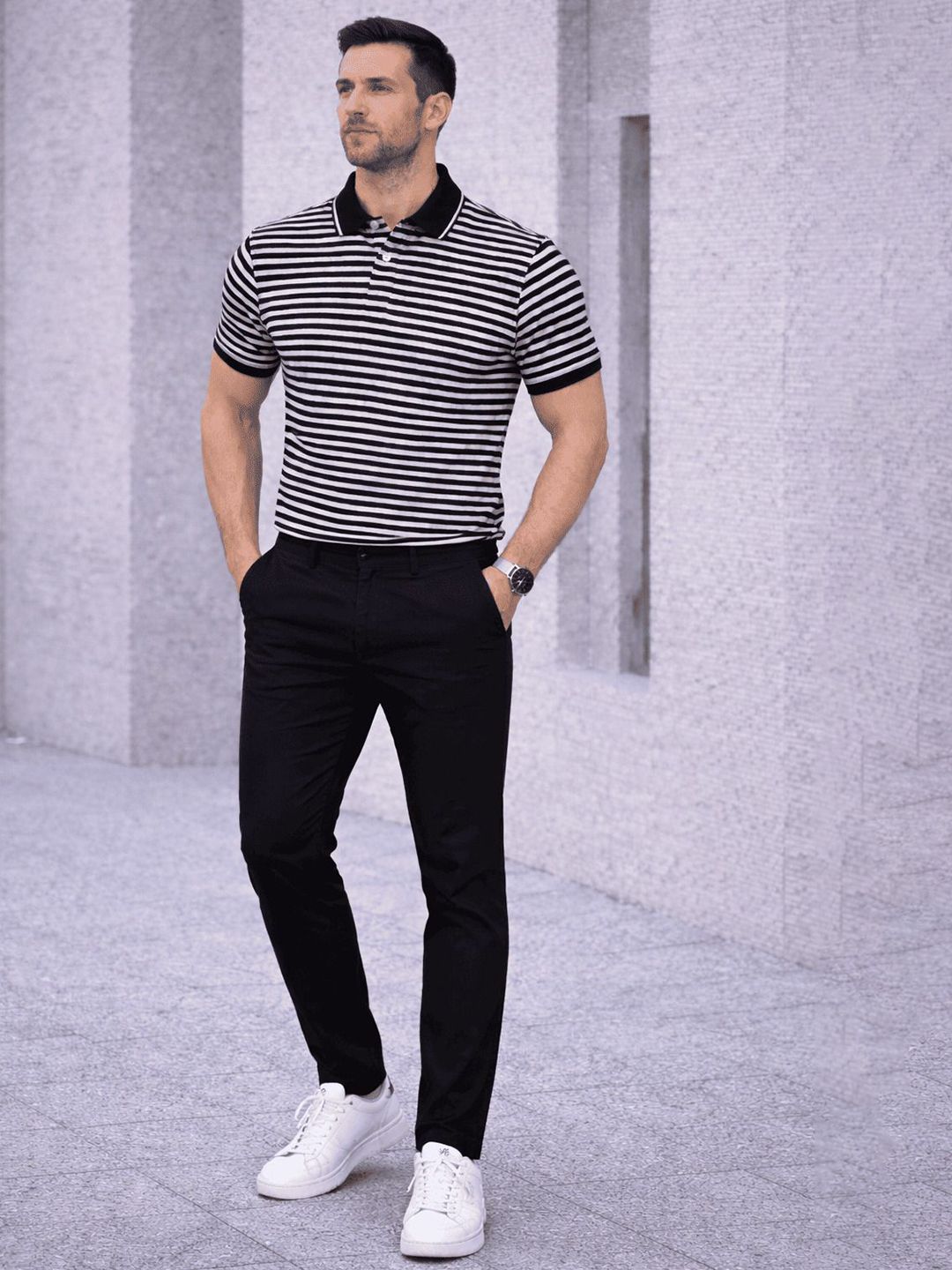 MACK JONNEY Men Striped Polo Collar T-shirt