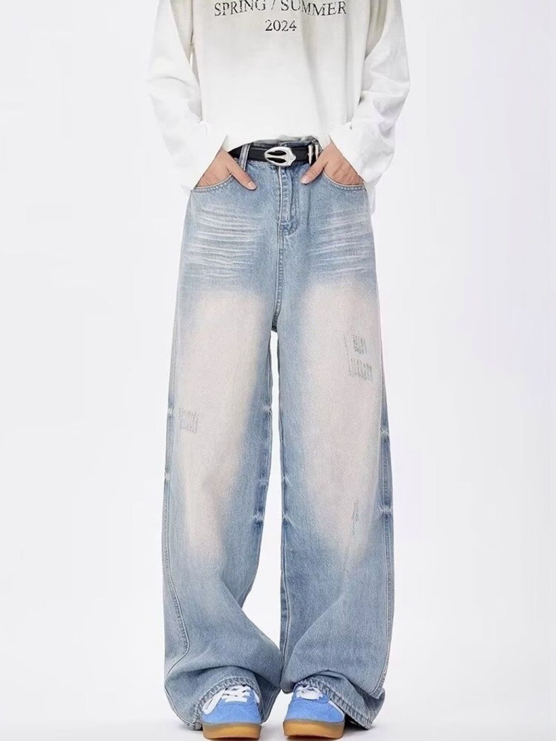 StyleCast Men Wide Leg Mid-Rise Distressed Heavy Fade Jeans