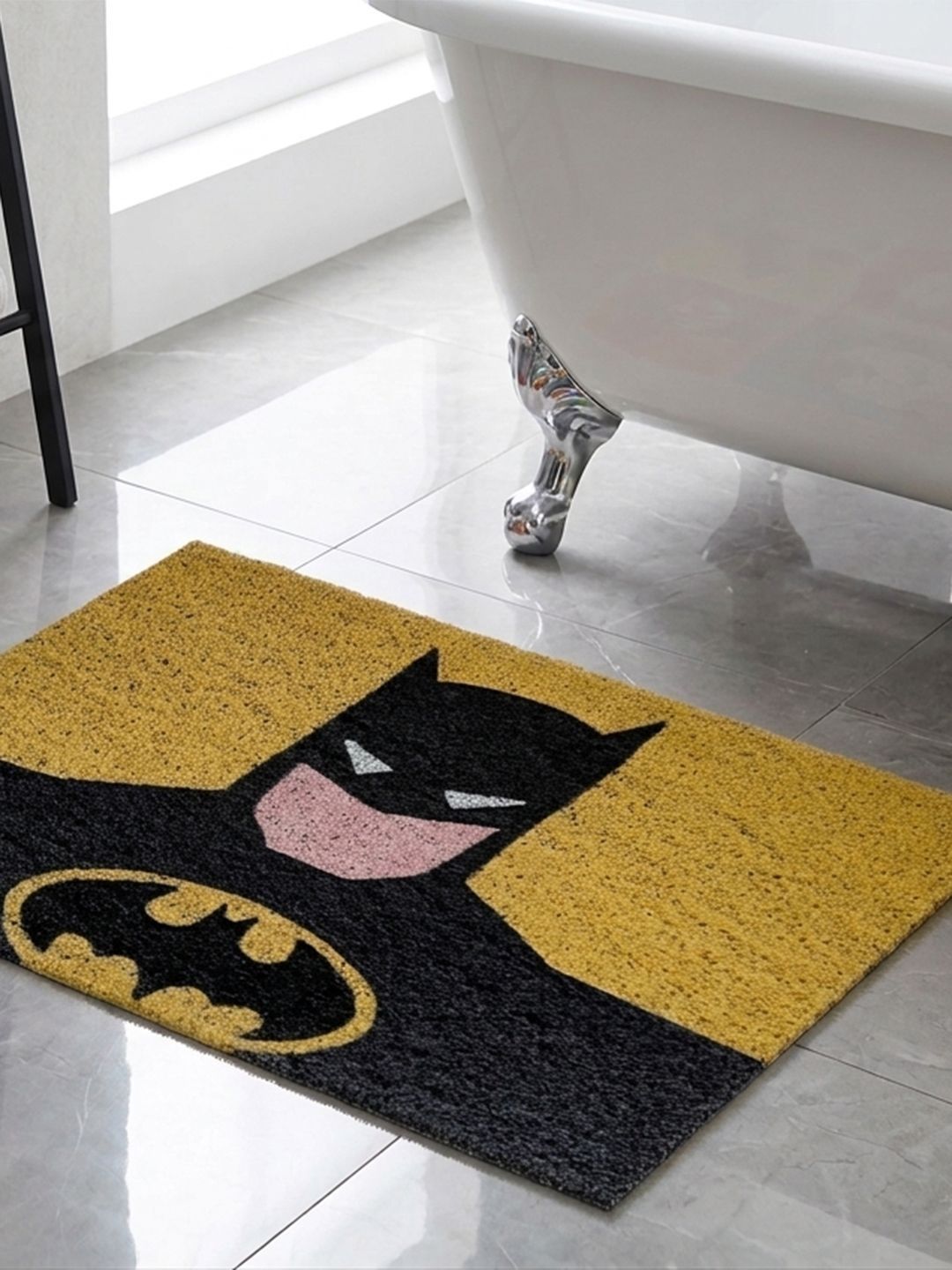 Datch Black & Yellow Batman-Patterned Rectangular Anti-Slip 110-GSM Bath Rugs