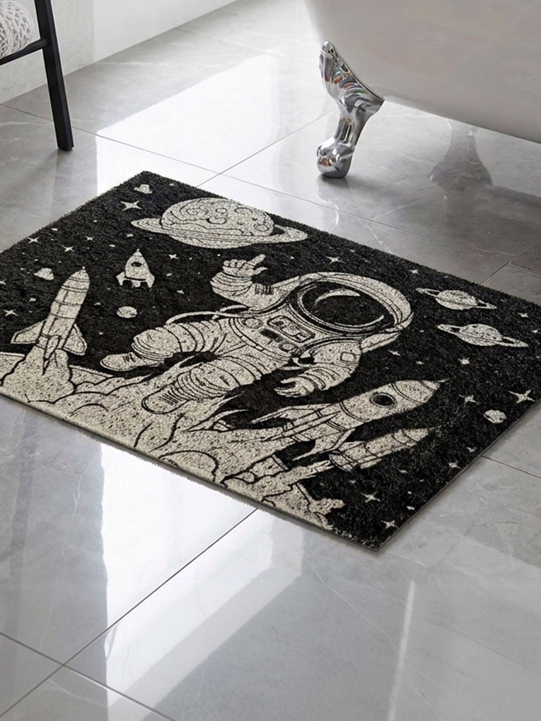 Datch Black & White Sky-Patterned Rectangular Anti-Slip 110-GSM Bath Rugs