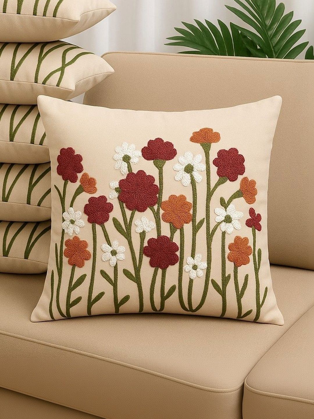 LOFEY Beige Set of 5 Floral Satin Square Cushion Covers
