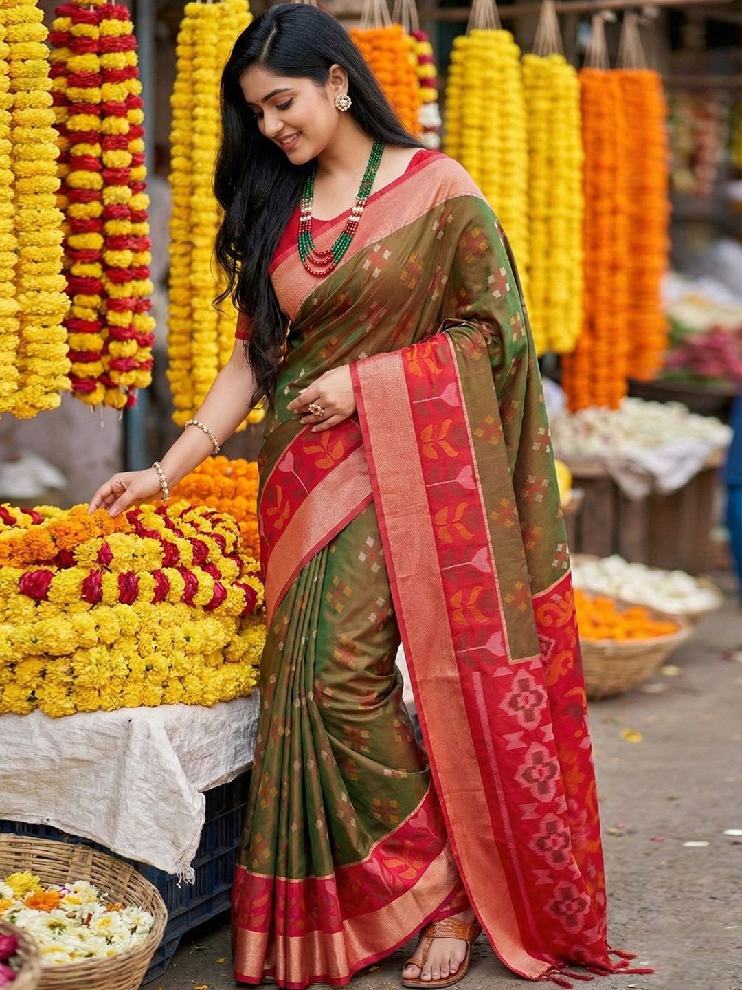 Floral Pochampally Silk Saree Dhaaga Ghar Floral Ethnic Motifs Zari Silk Pochampally Saree