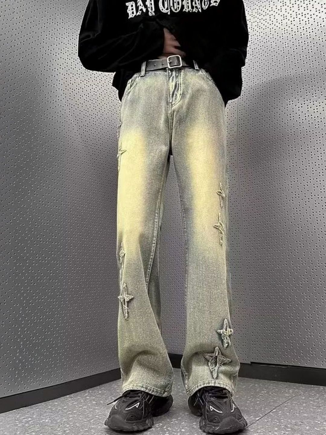 StyleCast Men Wide Leg Mid-Rise Distressed Heavy Fade Jeans