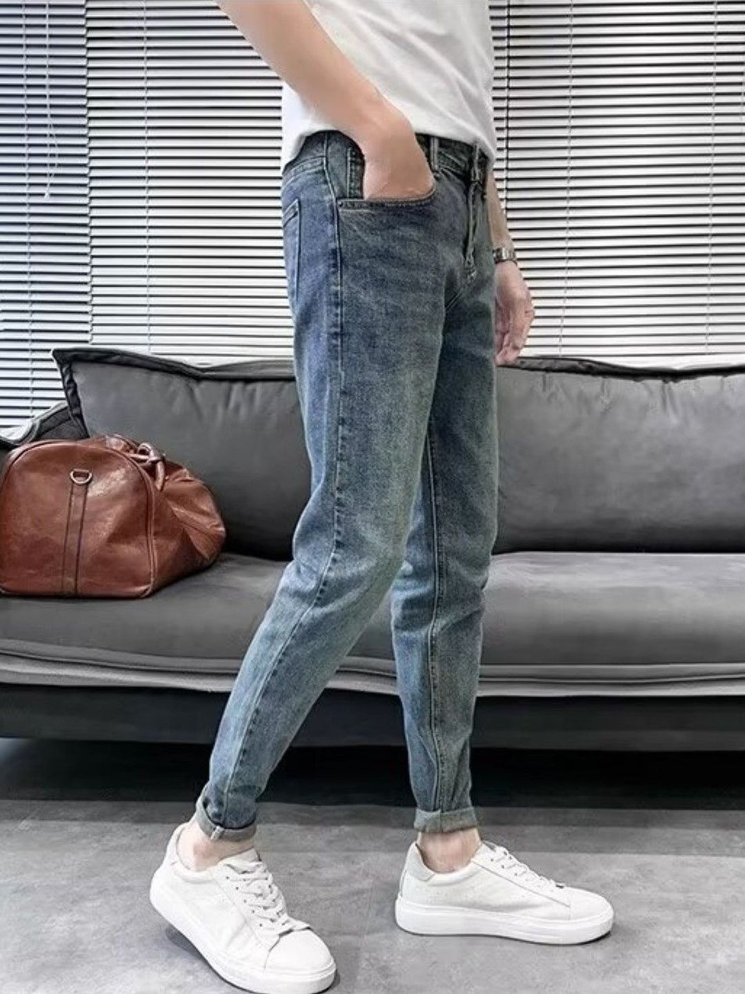StyleCast Men Slim Fit Mid-Rise Low Distress Heavy Fade Jeans