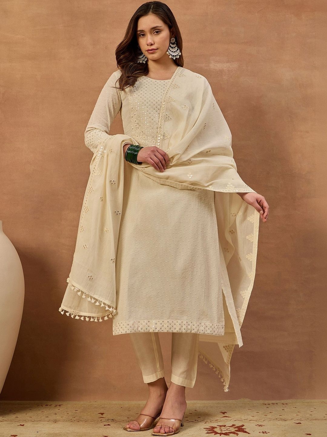 Women Embroidered Kurta with Trousers With Dupatta Inddus Women Ethnic Motifs Regular Sequinned Kurta with Trousers & With Dupatta