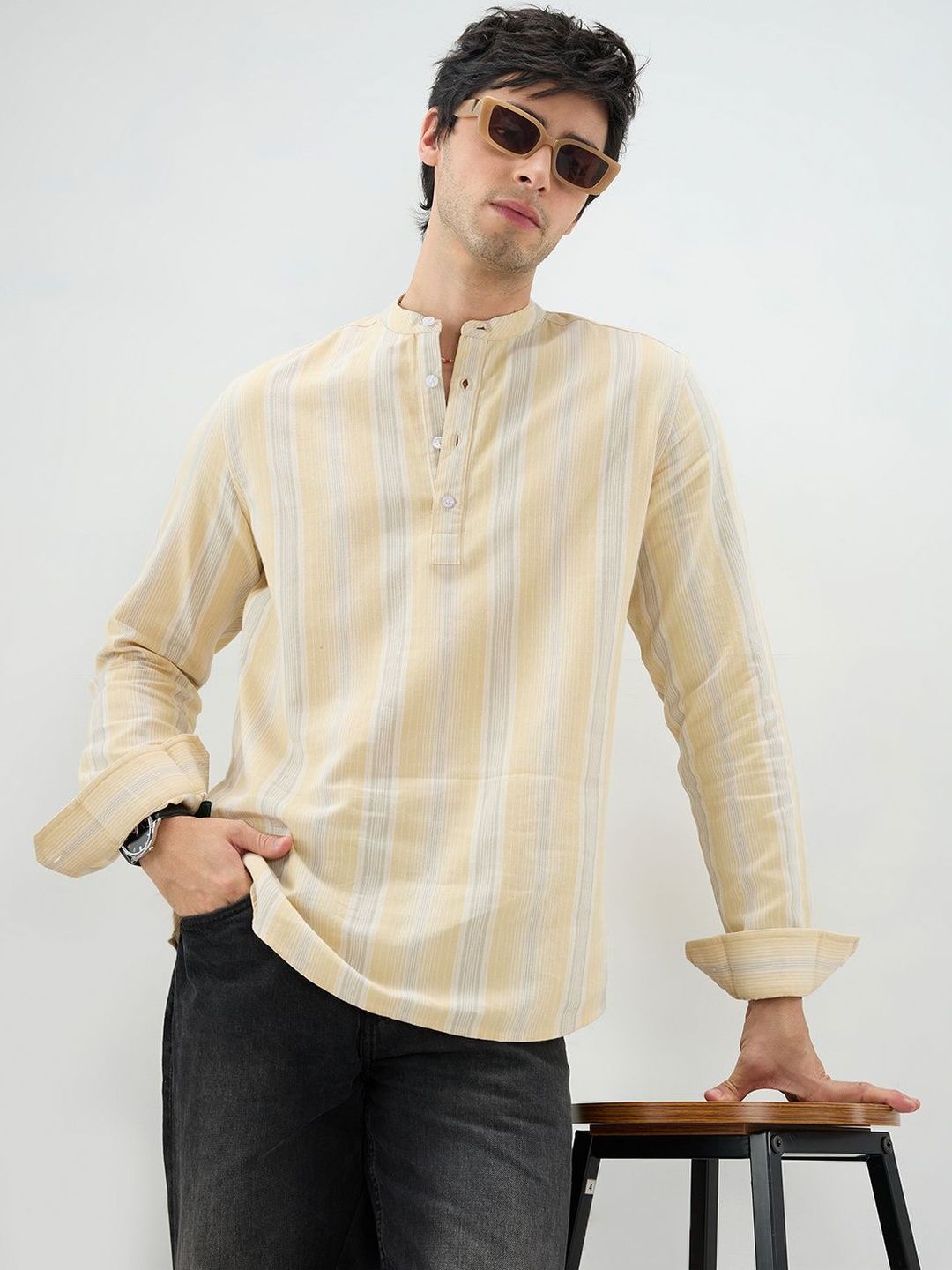 VASTRADO Sunwashed Sand Beige Multi-Stripe Kurta