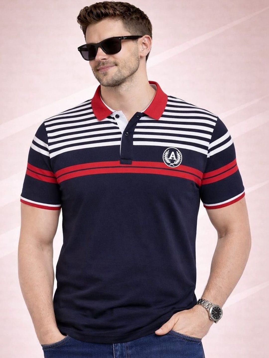 Austin wood Men Striped Polo Collar Pockets T-shirt