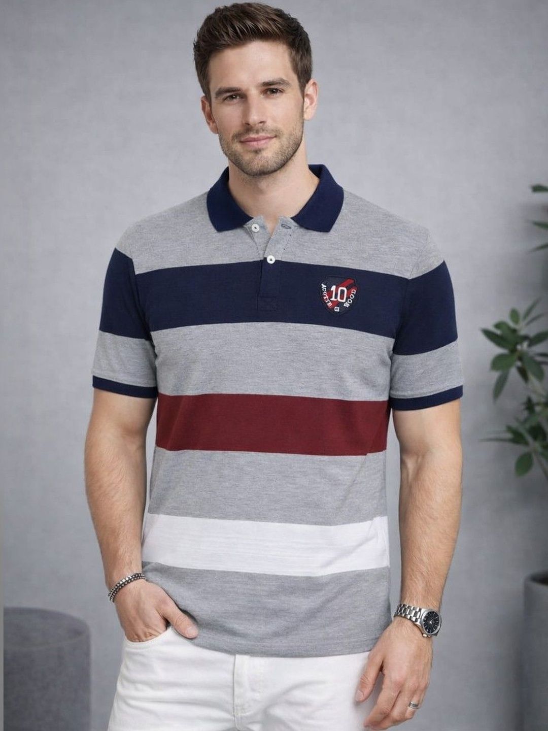 Austin wood Men Striped Polo Collar T-shirt