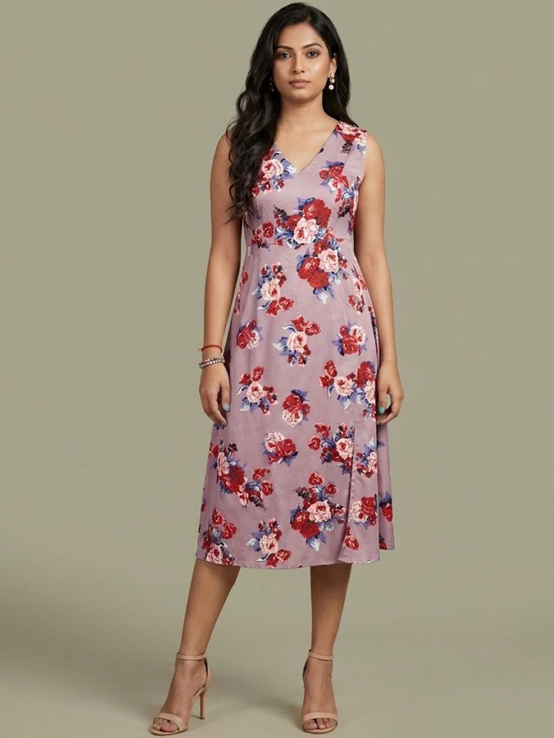 white christmas dresses Red and Beige Floral Dress | Harmony Hues