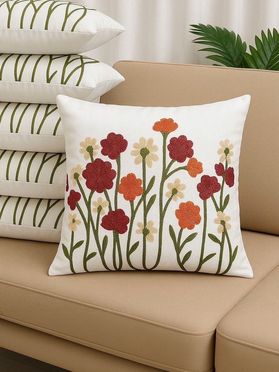 LOFEY White Set of 5 Floral Satin Square Cushion Covers