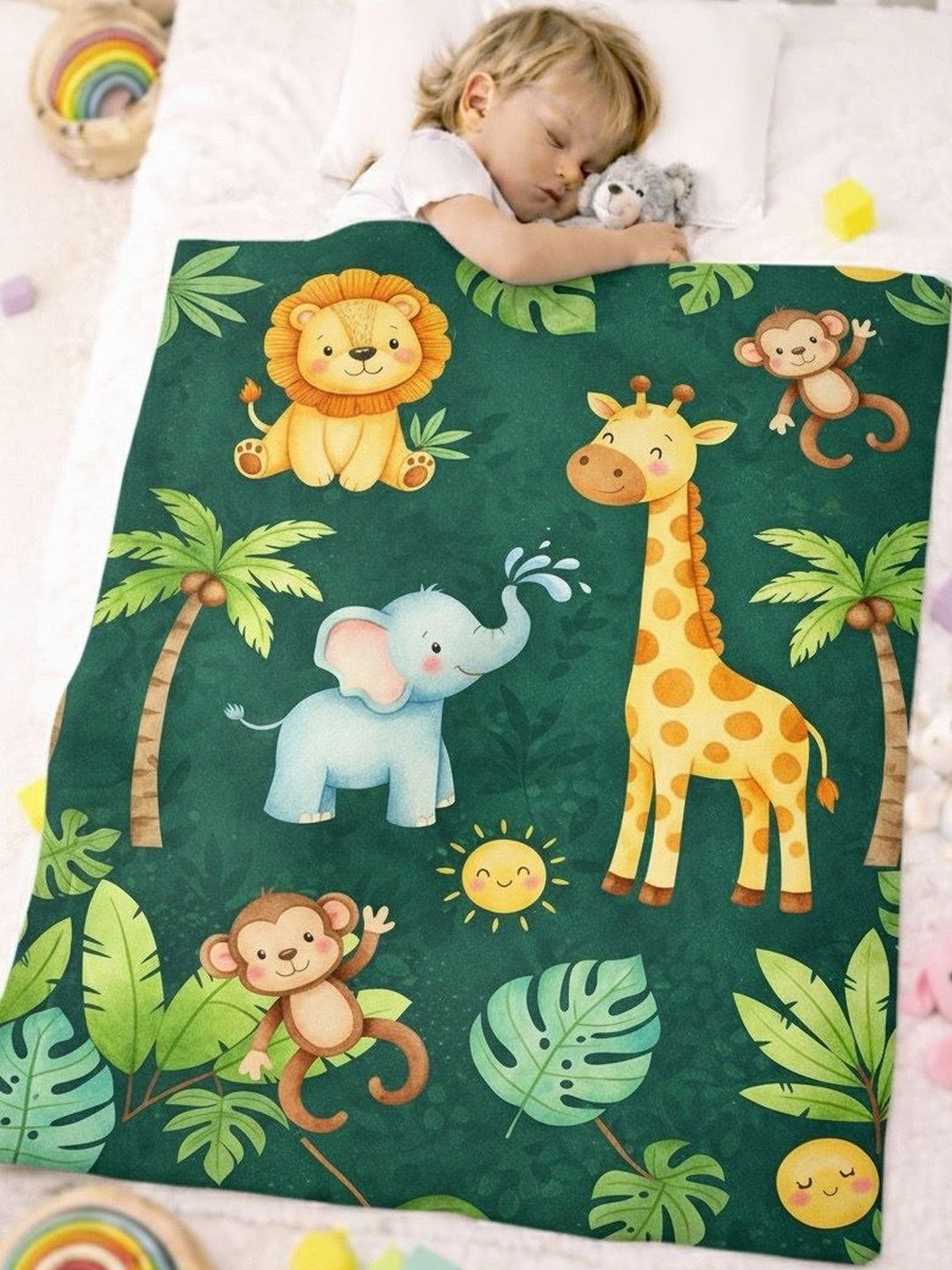 ROYALTY RETAIL AND EXPORT ROYALTY RETAIL AND EXPORT Multicoloured & Green Cartoon Characters Fleece AC Room Blanket