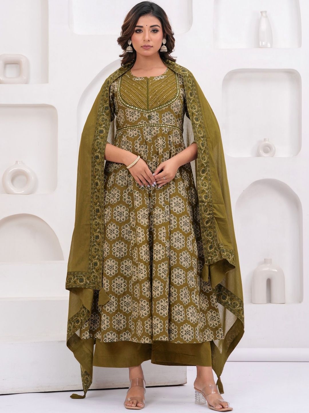 KALINI Women Floral Printed Panelled Mirror Work Pure Cotton Kurta with Palazzos & With Dupatta