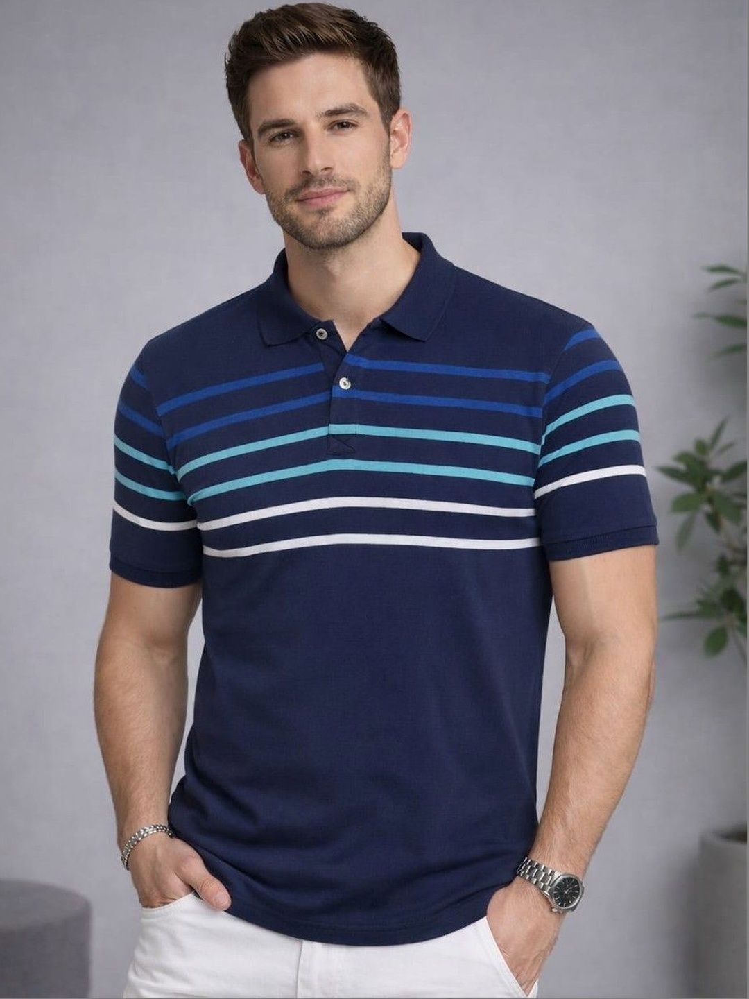 Austin wood Men Striped Polo Collar T-shirt