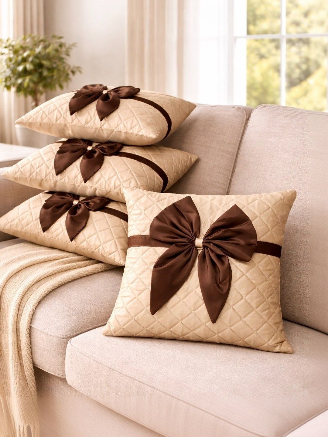 LOFEY Beige Set of 5 Satin Square Cushion Covers