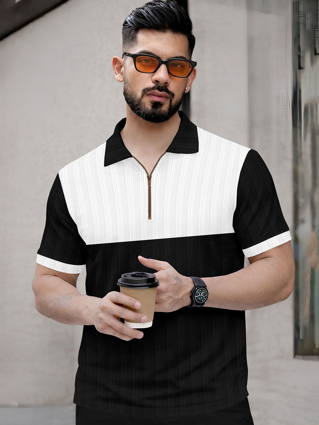 HAPPY KHAJANA Self Design Regularfit Polo Full Zipper Chain Tshirts