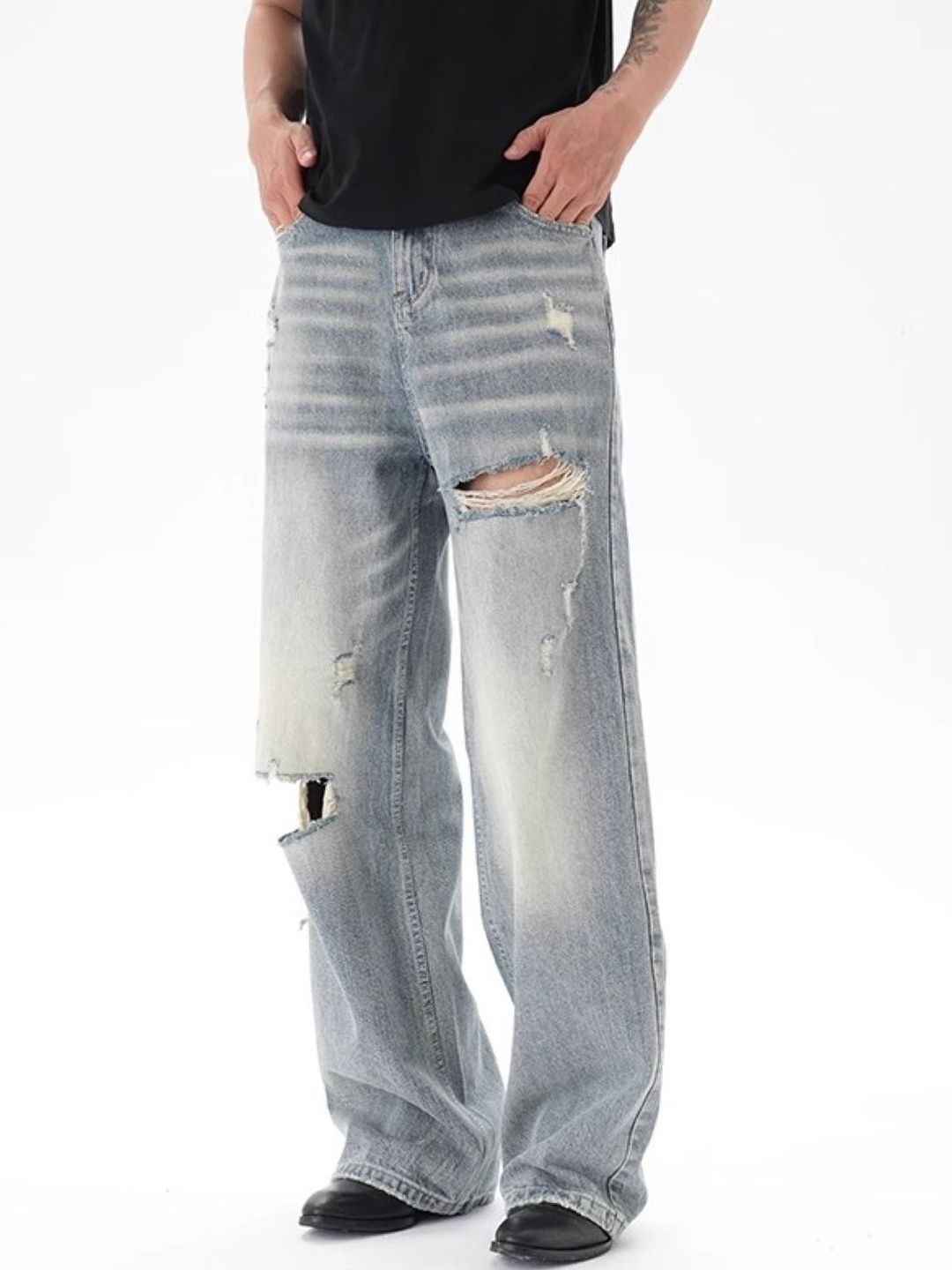 StyleCast Men Wide Leg Mid-Rise Highly Distressed Heavy Fade Jeans