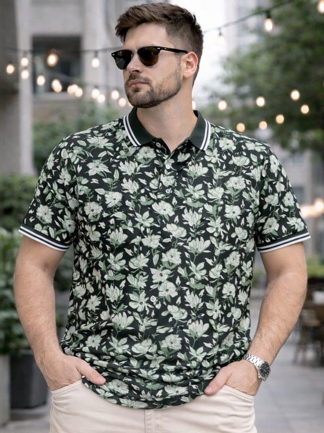 Austin wood Men Floral Printed Polo Collar Tropical T-shirt