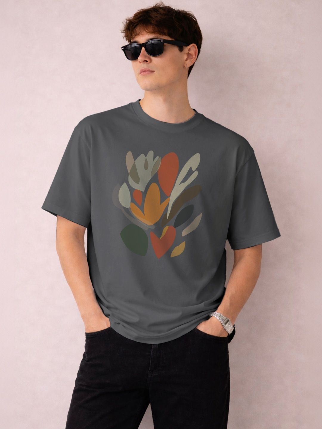The Roadster Lifestyle Co. Abstract Printed Round Neck Organic Cotton Oversized Tshirt