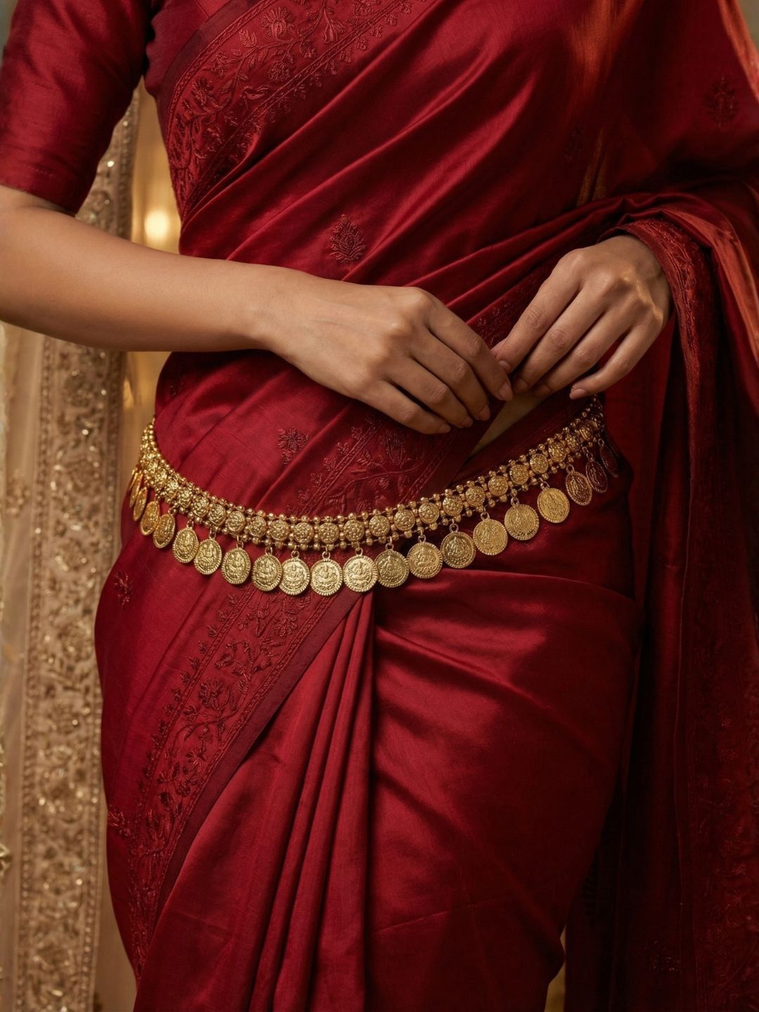I Jewels Gold Plated Coin Tassel Waist Chain Saree Accessories