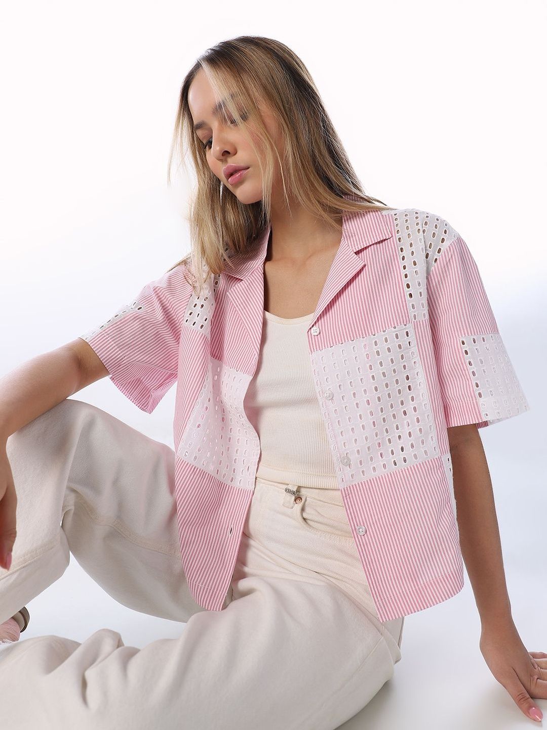 Boxy Casual Shirt ONLY Women Boxy Multi Stripes Semi Sheer Colourblocked Casual Shirt