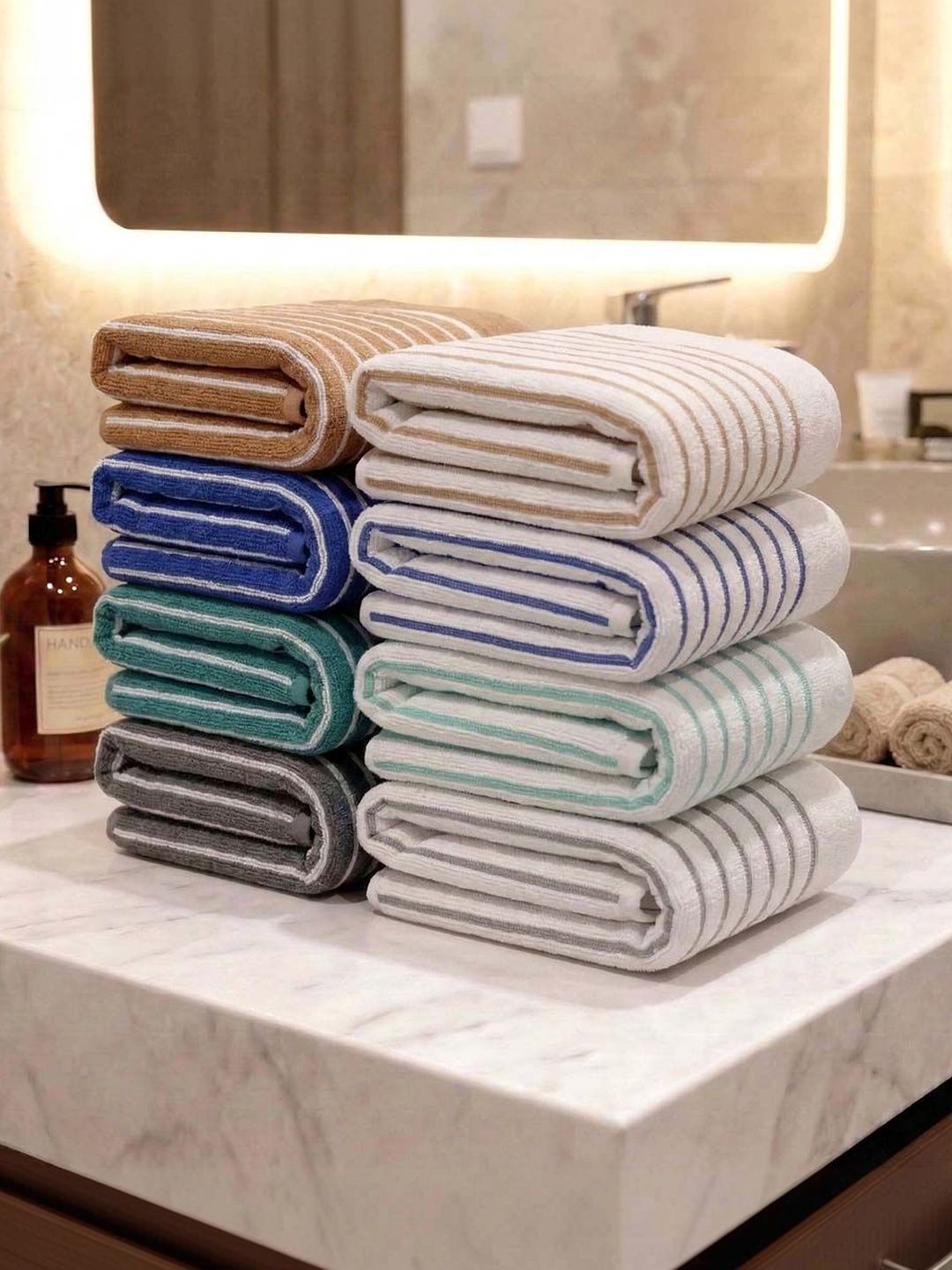 Athom Living Athom Living 8Pcs Blue & White Striped Cotton 400-GSM Eco-Friendly Premium Hand Towels