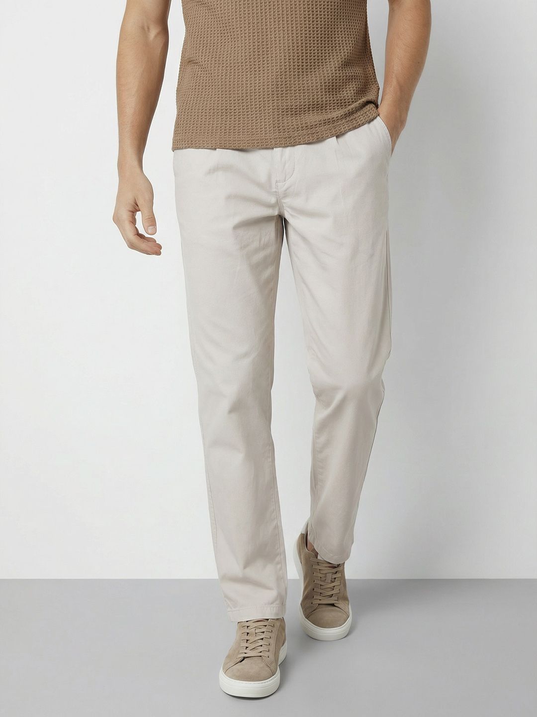 Men Pure Cotton Trousers Mast & Harbour Men Pleated Pure Cotton Trousers