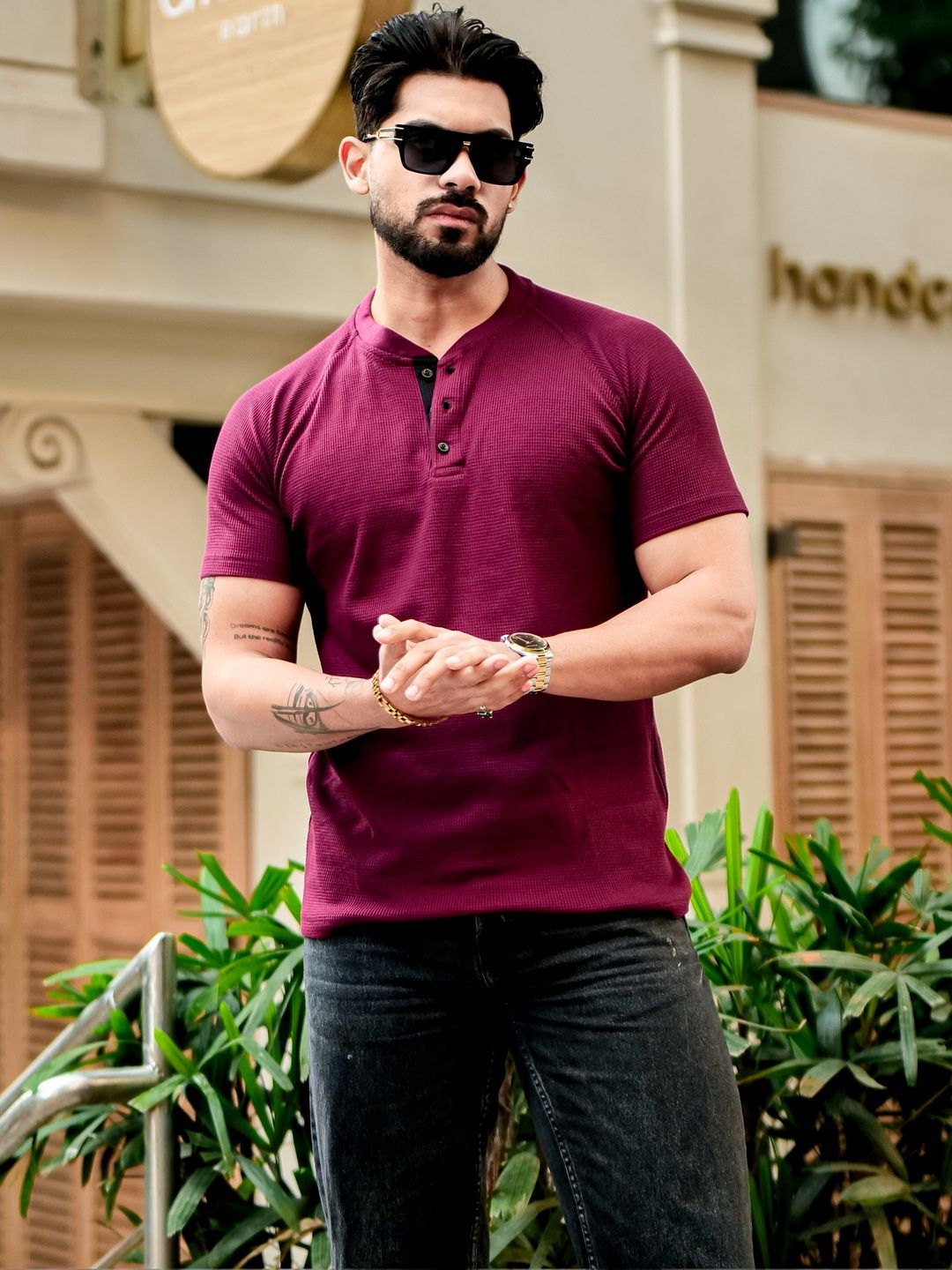 GRITSTONES Men Striped Henley Neck Pure Cotton Pockets T-shirt