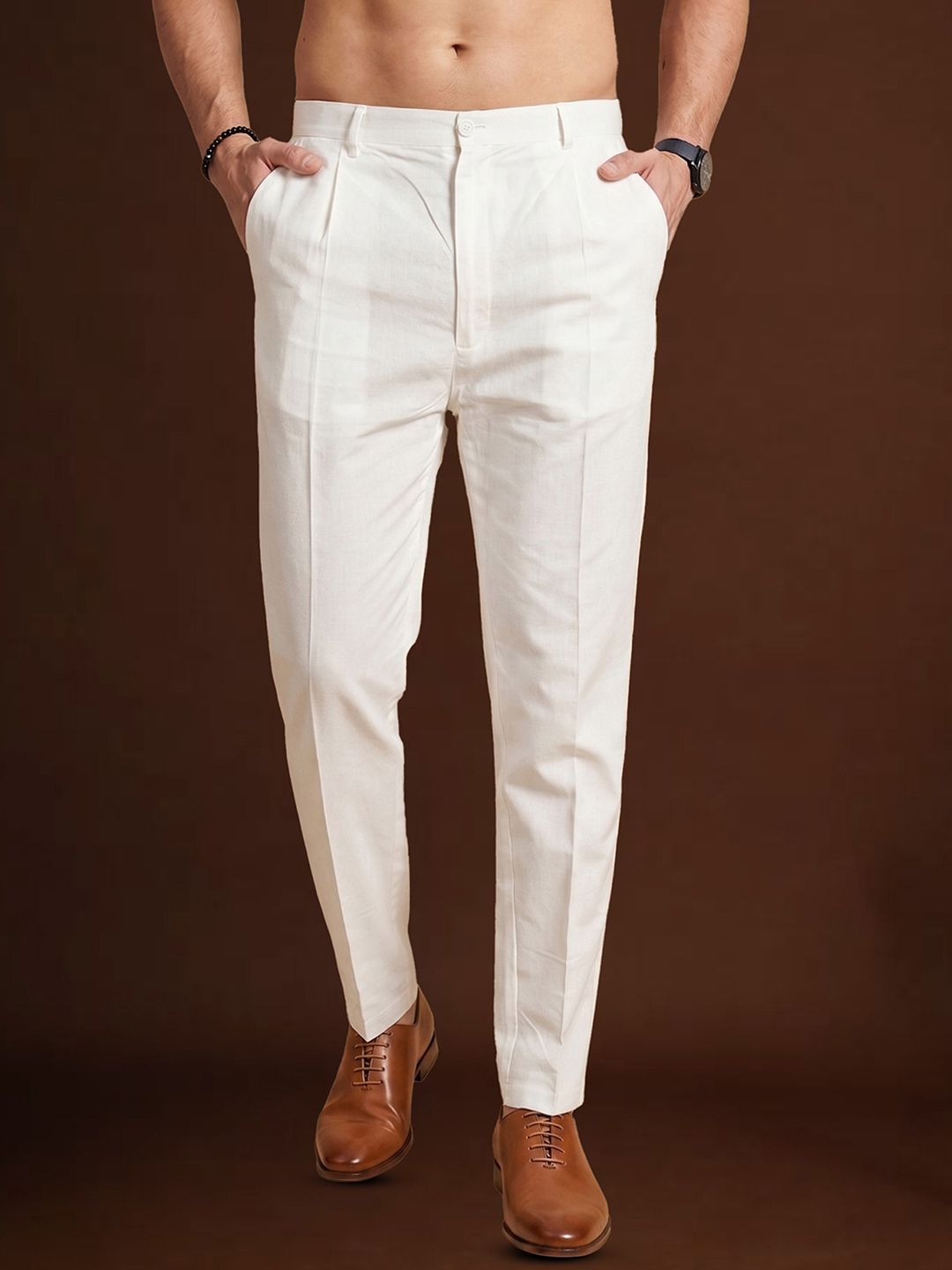House of Pataudi Men Slim Fit Mid-Rise Silk Blend Casual Trousers