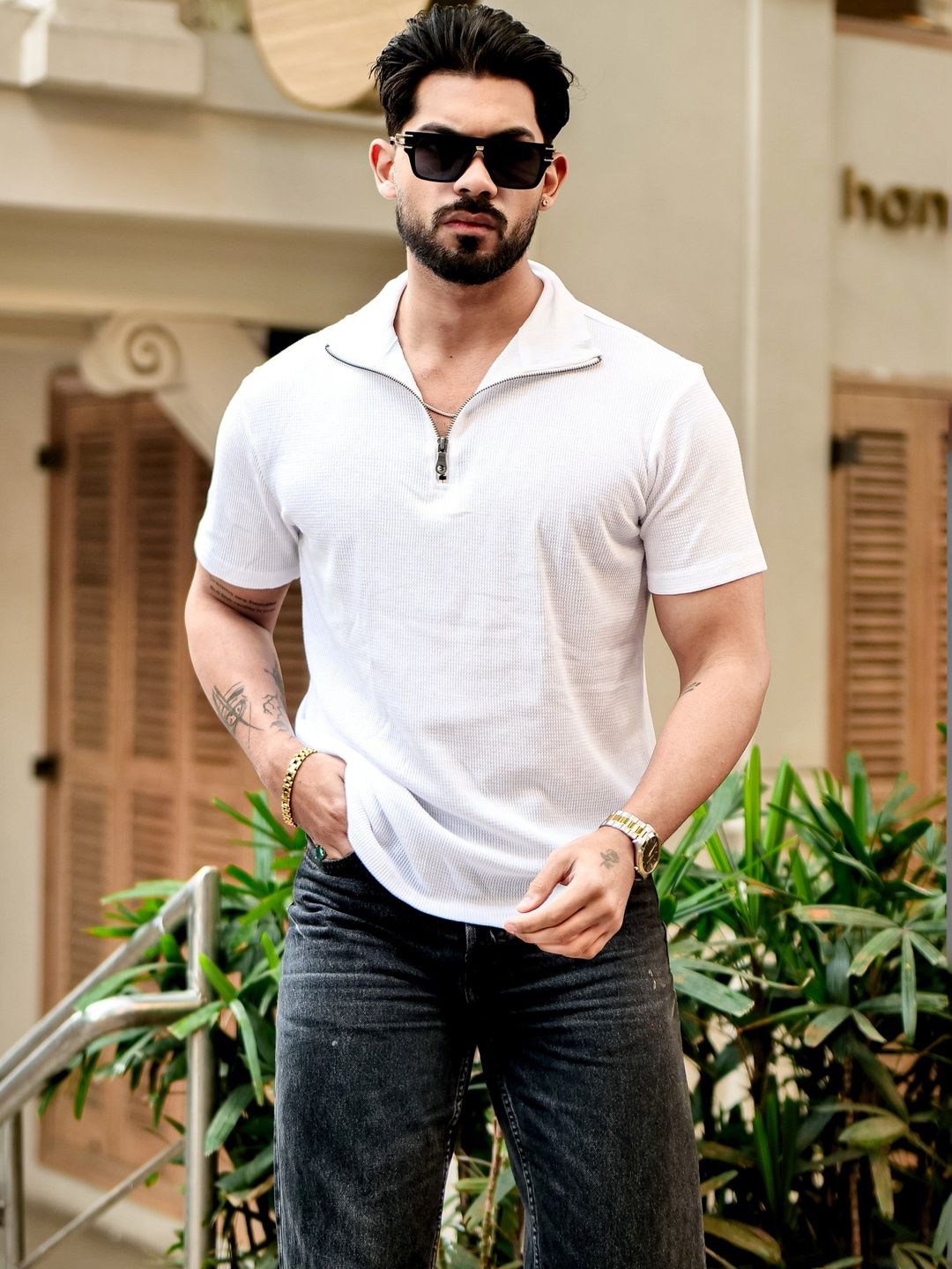 GRITSTONES Printed V-Neck Pure Cotton Pockets T-shirt