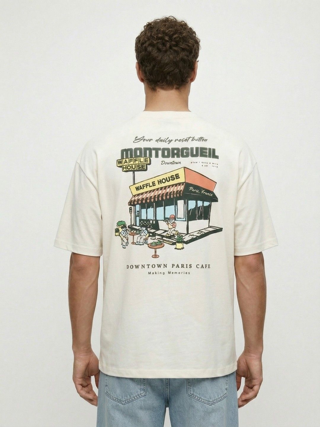 glitchez Cream Graphic Printed Oversized Fit T-shirt
