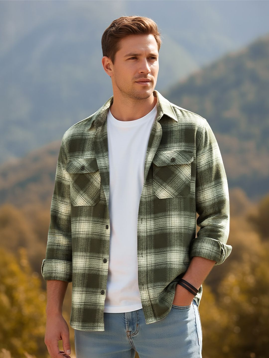 Beyoung Beyoung Men Checked Spread Collar Flannel Shackets