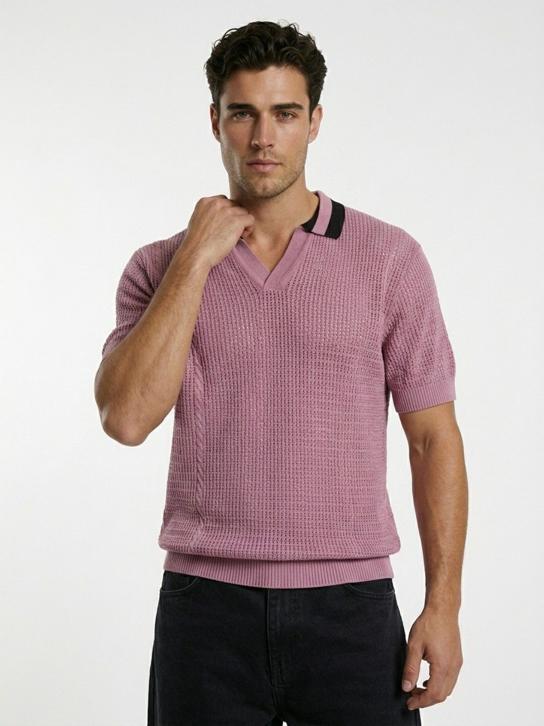 glitchez Relaxed Fit Polo Collar Drop-Shoulder Sleeves Pure Cotton Fine Knit T-shirt