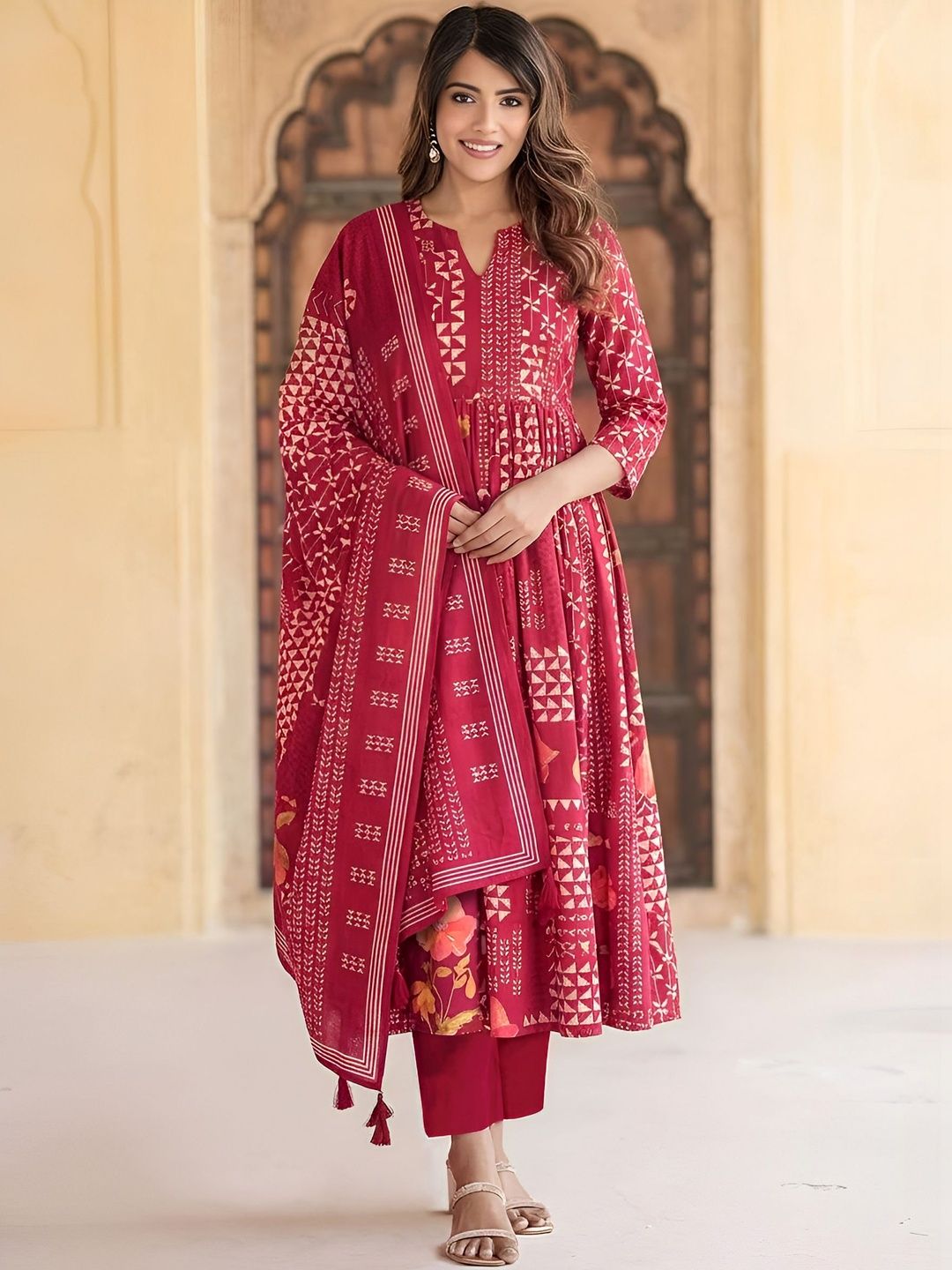 arangya Women Ethnic Motifs Printed Tiered Kurta with Trousers & With Dupatta